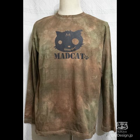 (XL)手染め+プリント一点もの MADCAT黒猫 長袖Tシャツ「茶」（1-338）