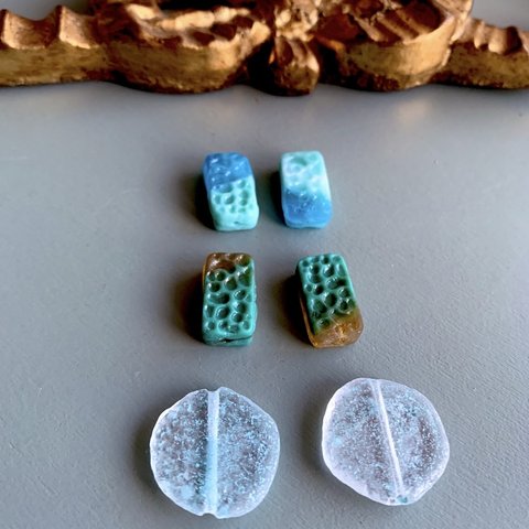 【3種ペア6コセット】JIRI＊IVANA#czech beads#チェコビーズ　sea glass mixassort rectangle＊irregular hexagon