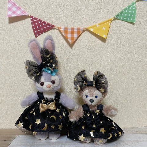 ブラックサテン&ゴールド夜空。星柄★箔プリントチュールワンピース+リボンセットꗯ̤̮ストラップ♥ぬいぐるみバッジ用コスチューム