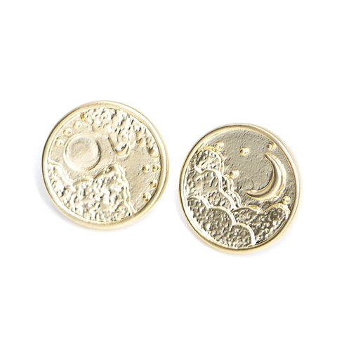 再販【1ペア】左右＆925刻印芯！宇宙＆月モチーフのマットゴールドピアス、パーツ