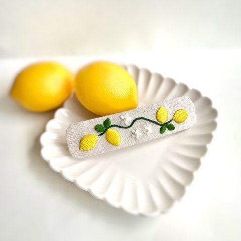 レモン 刺繍 バレッタ 大きめサイズ 