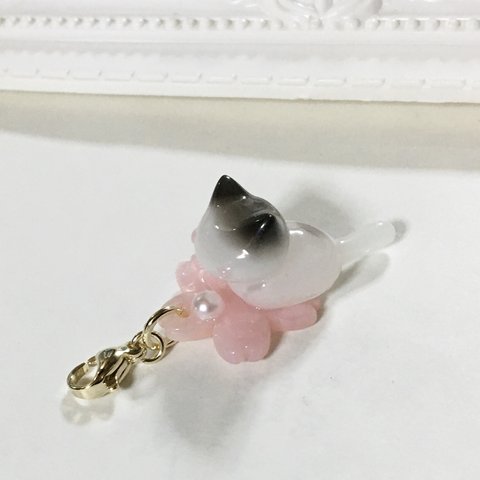 【SALE】マスク・ファスナーチャーム　ピンクのほっぺ　ぱっつん前髪？？お座り桜🌸猫ちゃん　レジン