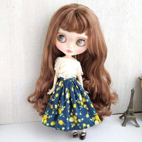 723※青と黄色の花柄ロングスカート※ブライスアウトフィット※1/6ドール服