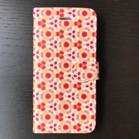 赤い小花柄 手帳型スマホケース iPhone/Android