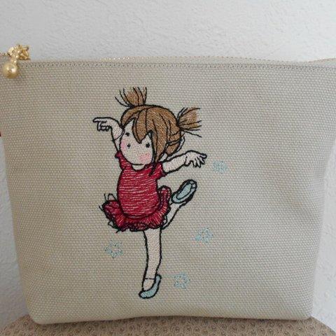 バレリーナの女の子刺繍の帆布のポーチ レッド １６㎝