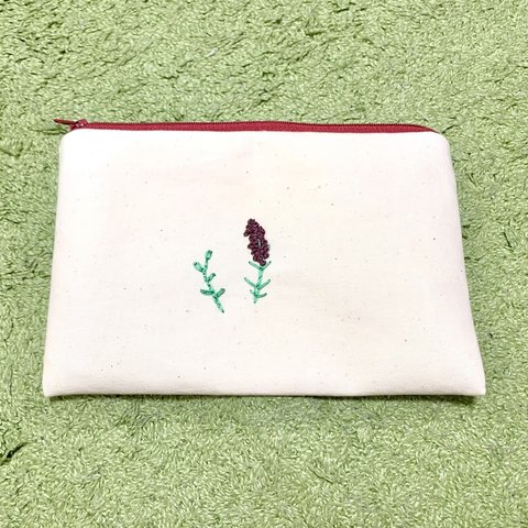 【送料無料】手刺繍ラベンダーのポーチ 紫 花柄
