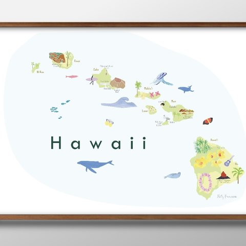 12061■A3アートポスター『ハワイ　旅行　地図　観光　南国　夏』絵画/イラスト/デザイン/上級マット紙採用/北欧