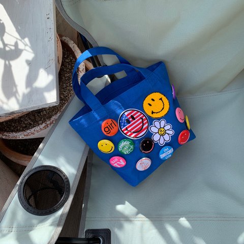 ニコちゃん＆70’☆缶バッジ＆ニコちゃんワッペン/ブルー帆布キャンバスエコバッグトートバッグ