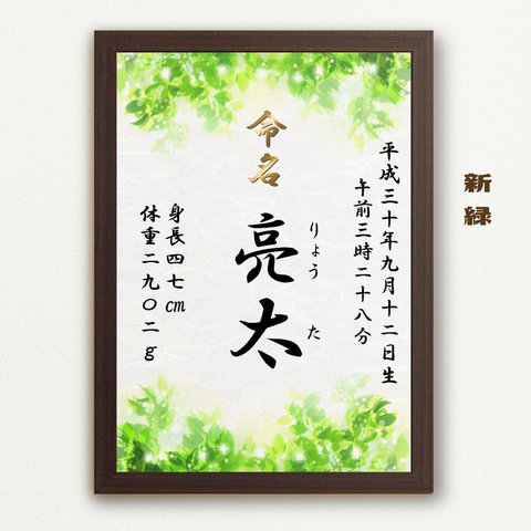 Lサイズのおまけつき！グリーン　植物　命名書　漢字　A4.A3.2L　高品質光沢写真プリント　和風　男の子 女の子 新緑