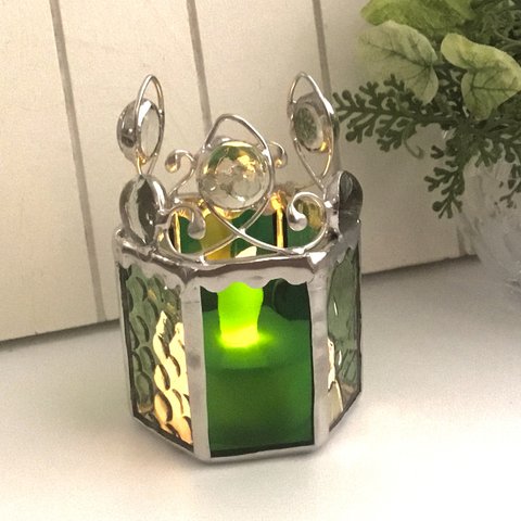 ロウソク型のキャンドルホルダー(グリーン系) * ステンドグラス 