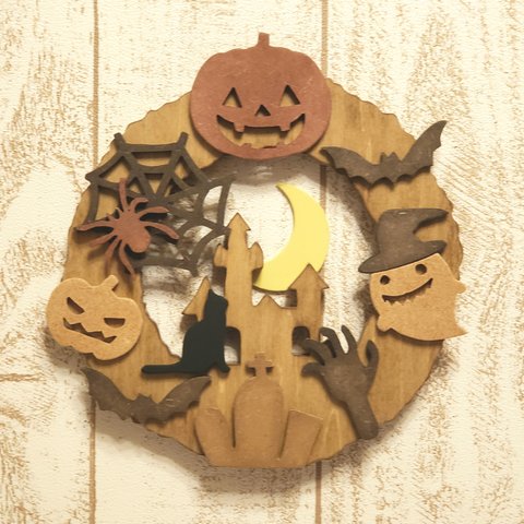 受注制作★木製リース☆ハロウィンリース☆Halloween☆ジャックランタン☆犬種・動物の変更可能！