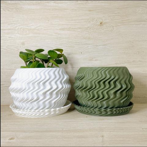 WAVE / 3D printed 植木鉢 / 3号 / ホワイト、オリーブ / プランター