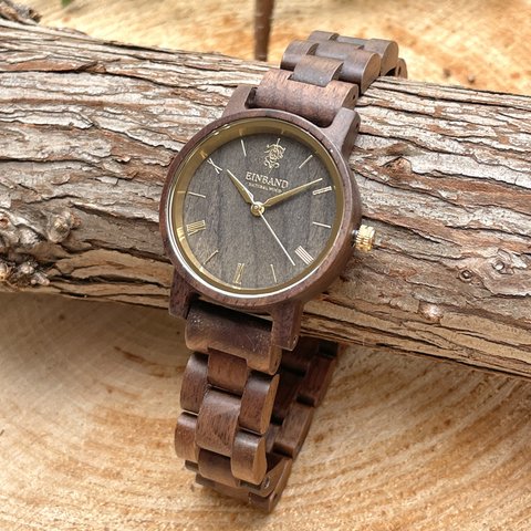 【木製腕時計】EINBAND Reise 定番 天然 木の時計 ウッドウォッチ クルミ&ゴールド【32mm】