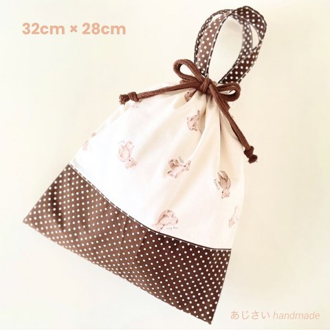 ♡テディベア ブラウンドット♡ 体操着袋 お着替え袋 (32cm × 28cm)