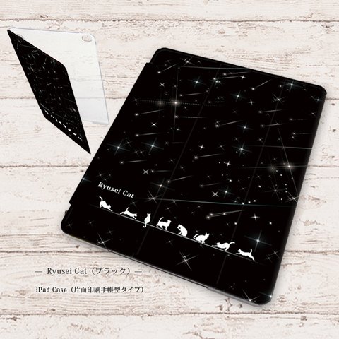 【Ryusei Cat（ブラック）】手帳型iPadケース【バックカバー：ハードタイプ】（片面印刷/カメラ穴あり/はめ込みタイプ）オートスリープ対応
