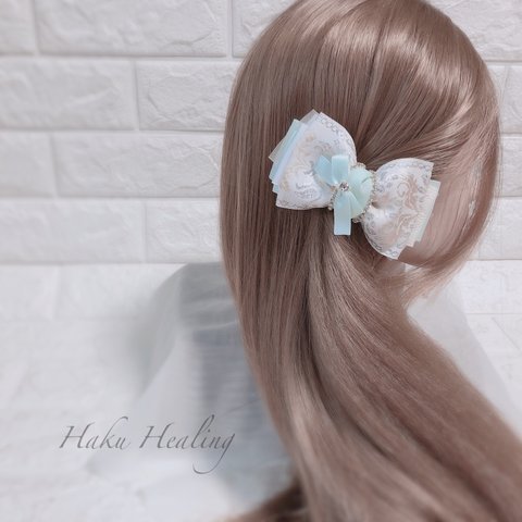 ミントホワイト♡ 高級刺繍リボン バレッタ ヘアクリップ アーチ型バナナクリップ