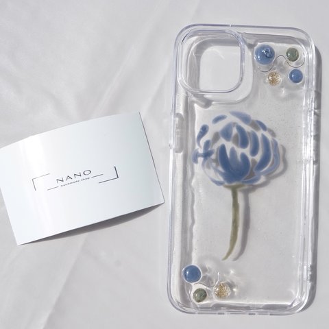 iPhoneケース　レジンケース　花　青　緑　シルバー