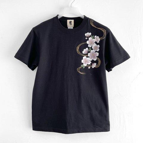 手描き波桜柄Tシャツ　ブラック 夜桜 波文様 和風 春