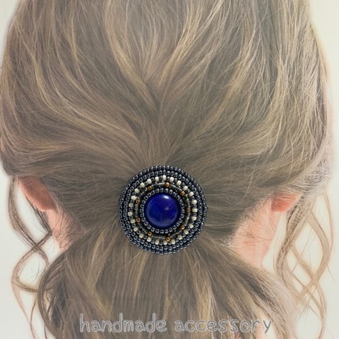 ドイツ製マーブル×ビーズ刺繍ヘアゴム 