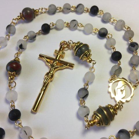 ロザリオ【１点物】(62)ブラッドストーン＆マットブラッククォーツ 十字架クロスRosary,Catholic,PrayerBeads, Holy Rosary,Healing,Relaxing