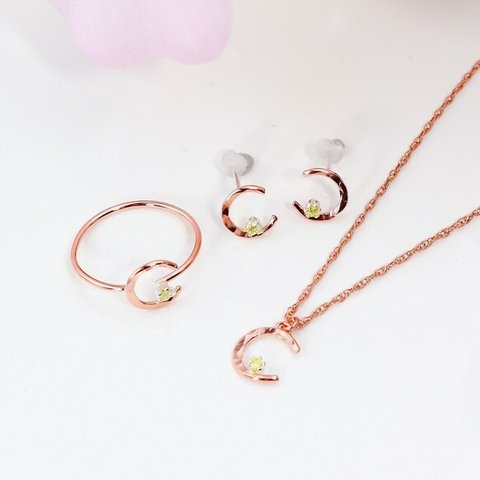 【3点セット】《夜桜と月》新色 ALL 14k pink gold filled ✳︎月と星と天然石　【リング＆ネックレス＆ピアス セット】＊ 槌目 模様 ✳︎夜空　桜