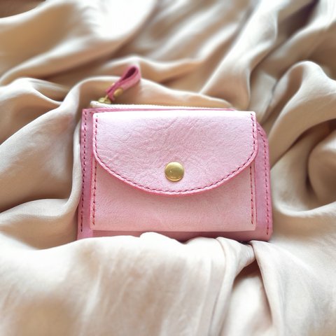さくら色のミニ財布　L字ファスナー　アラスカレザー　本革　ピンク