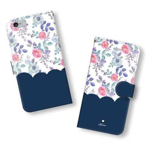 【特集掲載】 feminine floral case＊ネイビー  名入れ 花柄 手帳型 スマホケース iPhoneXR iPhone11 iPhone11Pro Xperia Galaxy