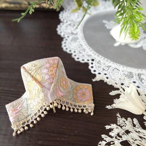 インド刺繍 ポニーフック 折りたたみ リボン ミルキィホワイト ピンク オレンジ ヘアアクセサリー 髪飾り EU-38 