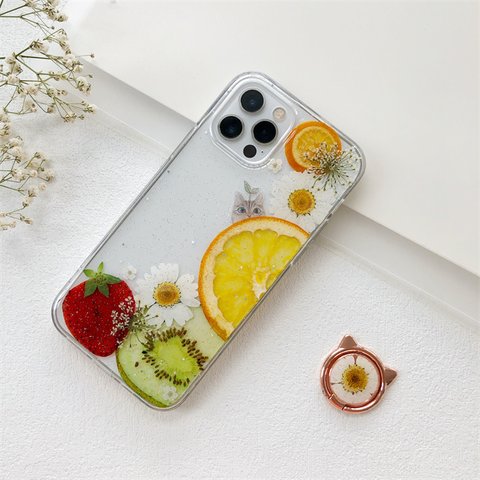 猫好きさん！ 果物の押し花スマホケース イニシャル入れ iPhoneケース スマホリング iPhone14Pro 