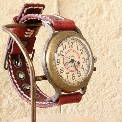 手作り腕時計　Via Latina(レトロRed & Red)   --- アンティークでシンプルな男性、女性兼用腕時計。ベルトは牛革を使用。
