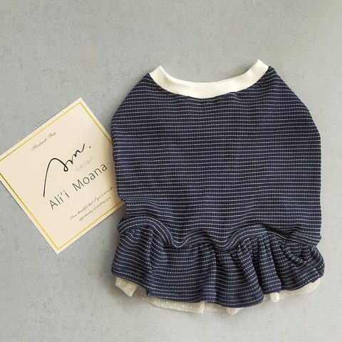 【rib border peplum tank】リブボーダーペプラムタンク　フリルタンク　ネイビー　フレブル　パグ　フレンチブルドッグ　パグ服　フレブル服　犬服　ハロウィン　タンクトップ