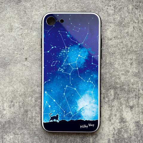 猫と星座のガラススマホケース 強化ガラス 黒猫 宇宙 SE3 第3世代 iPhone12 iphone11 iphone13 猫 星
