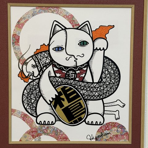 招き猫　切り絵　コラージュ