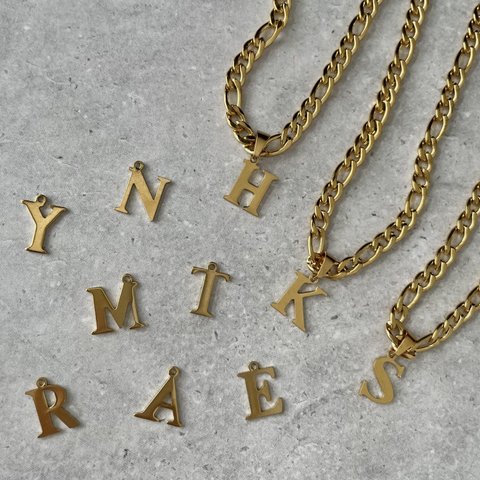 選べるイニシャル ステンレス つけっぱなしOK  フィガロチェーン ネックレス 18k gold