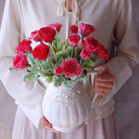 ◆粘土のお花◆　真っ赤な薔薇　ピッチャーポット　B756
