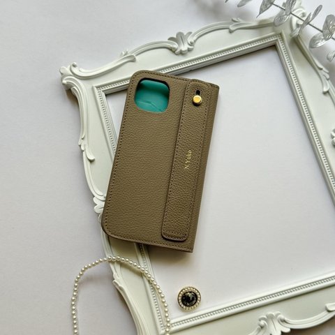 本革　手帳型スマホケース　ハンドベルト付き　名入れ無料　Iphoneケース