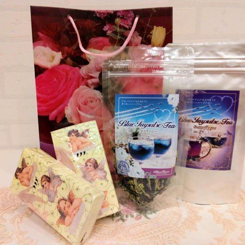 🎅薔薇のビニール手提げバッグ＆天使のペーパーナプキン付♡ブルーインパルスティー限定セット（未粉末乾燥花弁&ティーバッグ♡ペアセット）