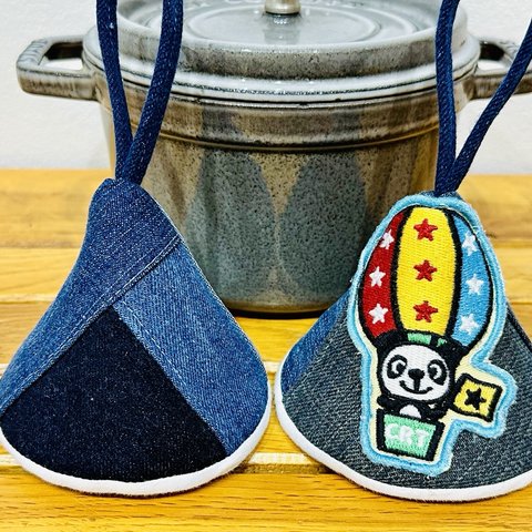 三角鍋つかみ★staub　ストウブ　ホーロー鍋★ミトン　鍋つかみ　デニムリメイク