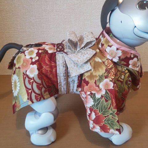 aibo アイボ 振袖風 ハンドメイド服 頭飾り付き えんじ