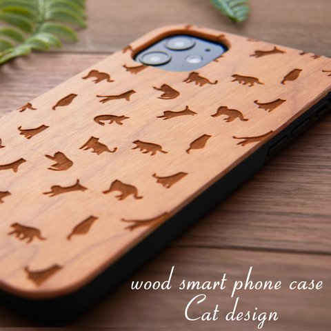 おしゃれな木製 iPhoneケース ねこ 猫 水玉柄シリーズ 天然木 iPhone14 Pro iPhone13 12 mini シンプル iPhone11 Xs 全機種対応 スリム ウッド カバー