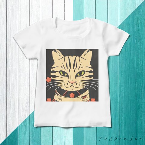 和柄猫のTシャツ ホワイト レディース【6】 