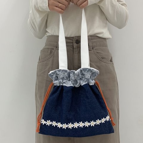 お花♡デニム レース 巾着トートバッグ