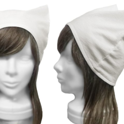 シンプル猫耳帽子(ゆったり)◆コットンニット／オフホワイト　◇ハロウィン◇