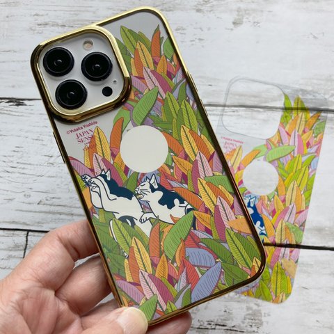 iPhone13Pro用浮世絵ネコさん＆ハワイアンフラワー3Wayメタリックバンパーソフトクリアケースセット・トロピカルリーフス