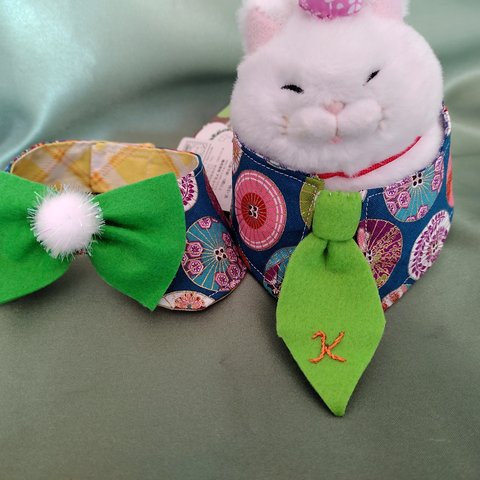 お得な２枚組セット😸撮影用和柄首輪(グリーンのリボン🎀とネクタイ👔)