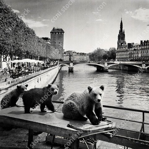 パリのセーヌ川とくまさんのイメージ、レトロ風写真、アート、古い写真　conistock_31910