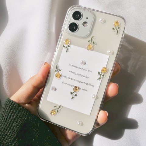 お花とパールのiPhoneケース(gold)
