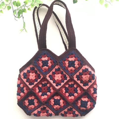 手編みモチーフ編み  レトロ調ハンドbag(赤)