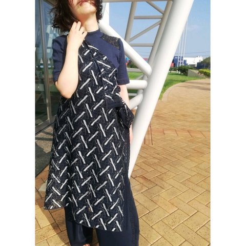 geometric lace asymmetry dress navy×silver 