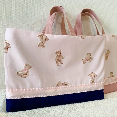 ♡レッスンバッグ♡ 上品＆かわいい［切り替えしが帆布で丈夫］フリル付きくまさん　内ポケット付き🎀